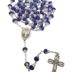 Terço Italiano de Cristal Medalha Milagrosa com Tulipa Azul Escuro