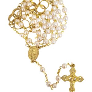 Terço Italiano de Pérola de Vidro Dourado com Alianças 6 mm