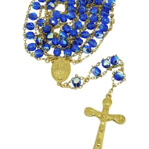 Terço de Cristal Azul com Dourado de Nossa Senhora de Fátima Feito em Portugal