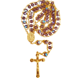 Terço de Cristal Lilás com Dourado de Nossa Senhora de Fátima Feito em Portugal