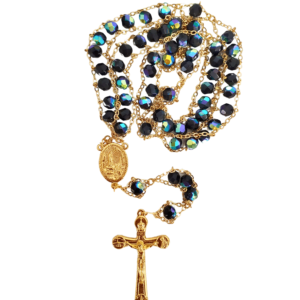 Terço de Cristal Preto com Dourado de Nossa Senhora de Fátima Feito em Portugal