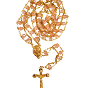 Terço de Cristal Rosa com Dourado de Nossa Senhora de Fátima Feito em Portugal